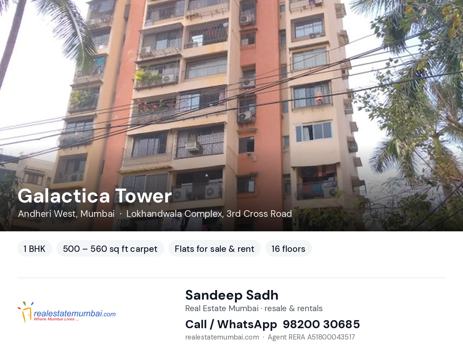 Galactica Tower, Andheri West, Mumbai — 1 BHK flats for sale & rent | Real Estate Mumbai, Sandeep Sadh 98200 30685
