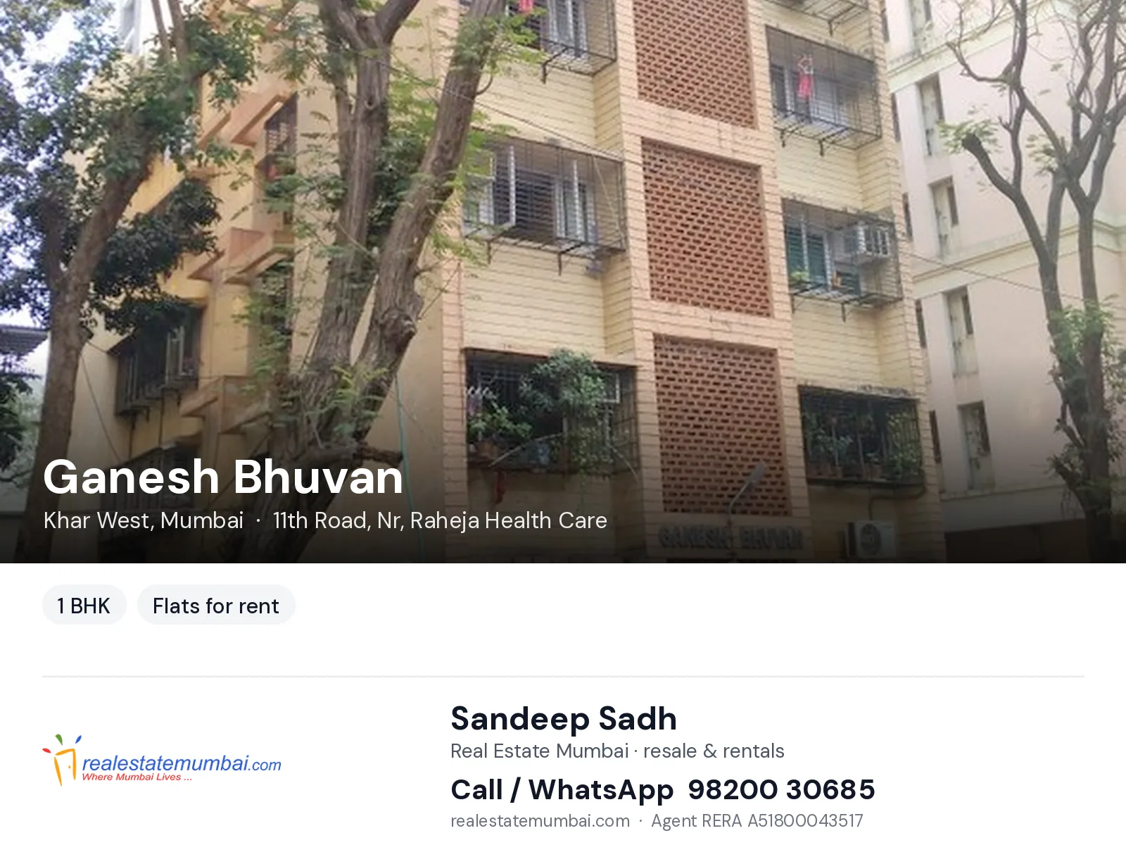 Ganesh Bhuvan, Khar West, Mumbai — 1 BHK flats for rent | Real Estate Mumbai, Sandeep Sadh 98200 30685