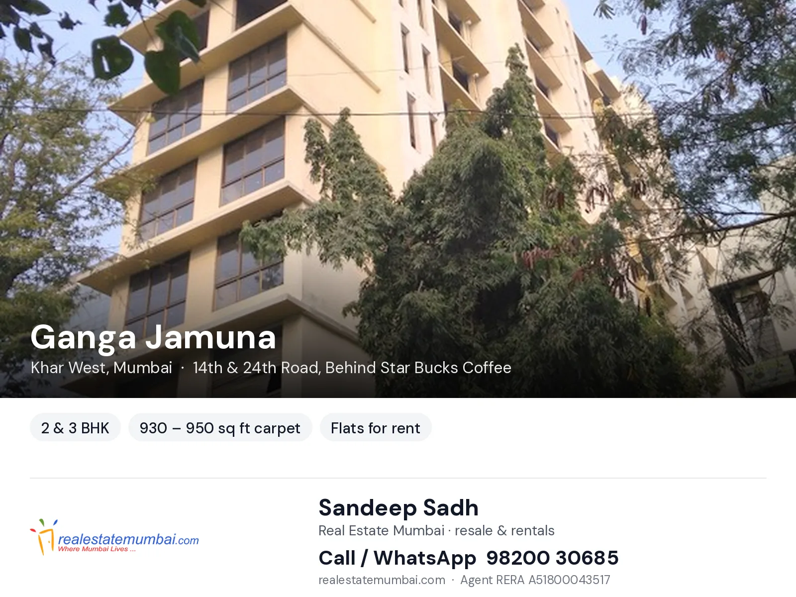 Ganga Jamuna, Khar West, Mumbai — 2 & 3 BHK flats for rent | Real Estate Mumbai, Sandeep Sadh 98200 30685