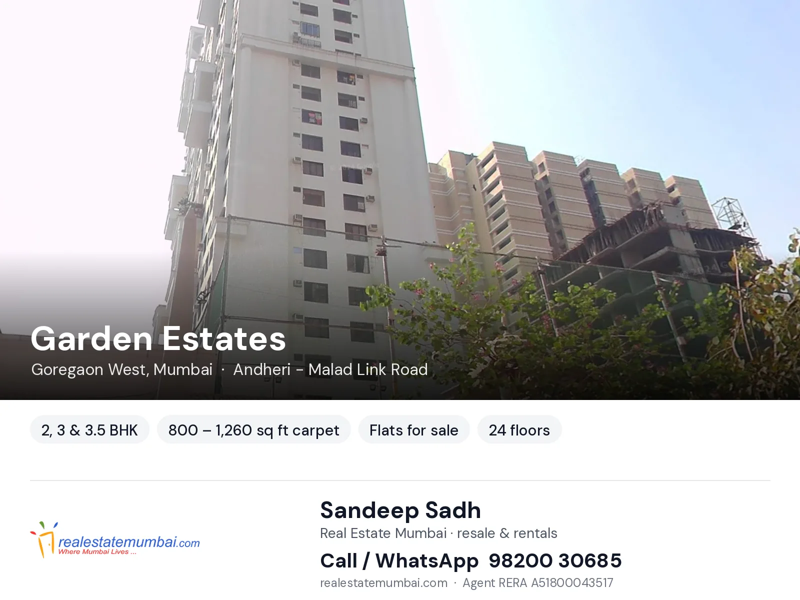 Garden Estates, Goregaon West, Mumbai — 2, 3 & 3.5 BHK flats for sale | Real Estate Mumbai, Sandeep Sadh 98200 30685