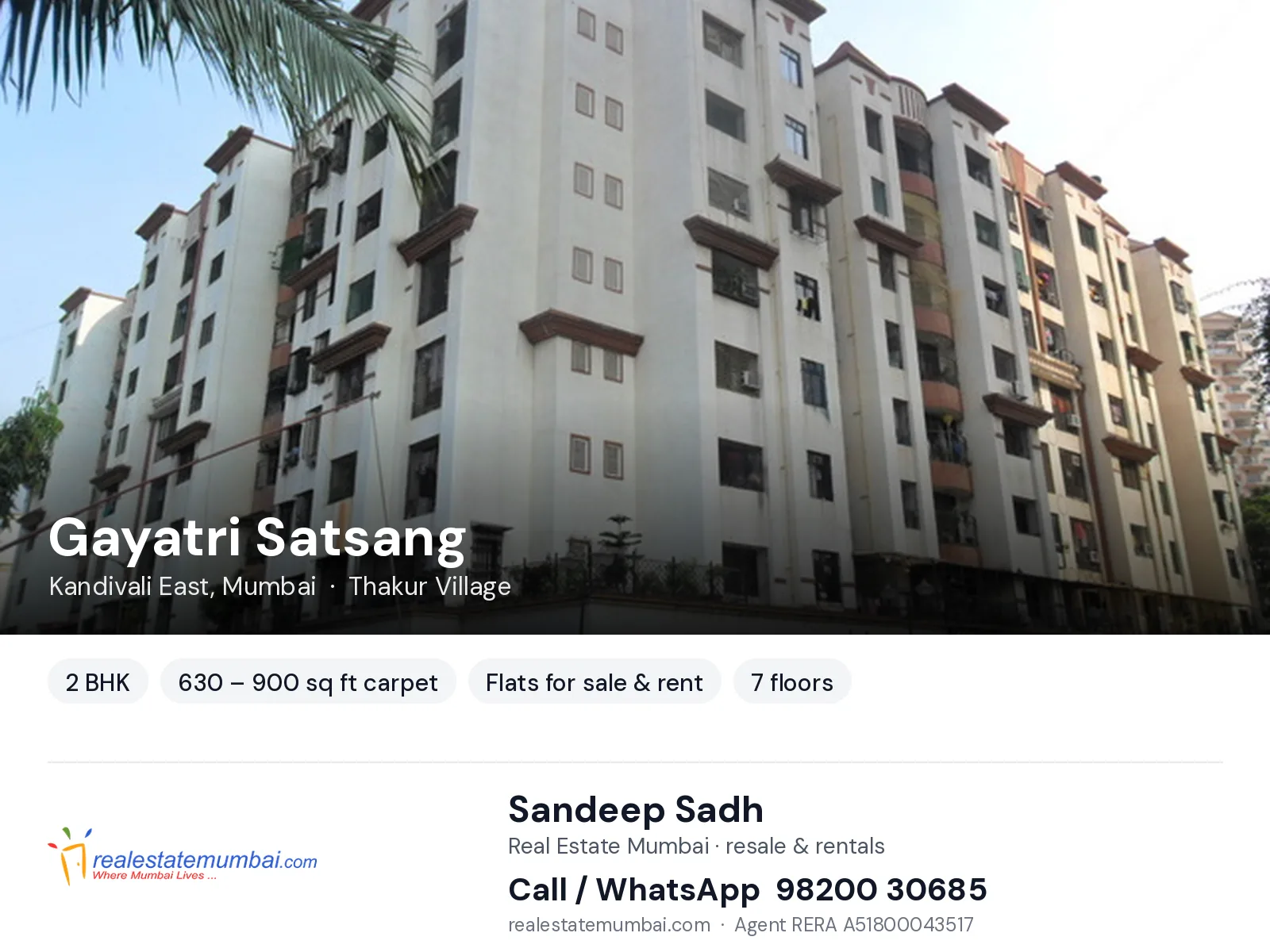 Gayatri Satsang, Kandivali East, Mumbai — 2 BHK flats for sale & rent | Real Estate Mumbai, Sandeep Sadh 98200 30685