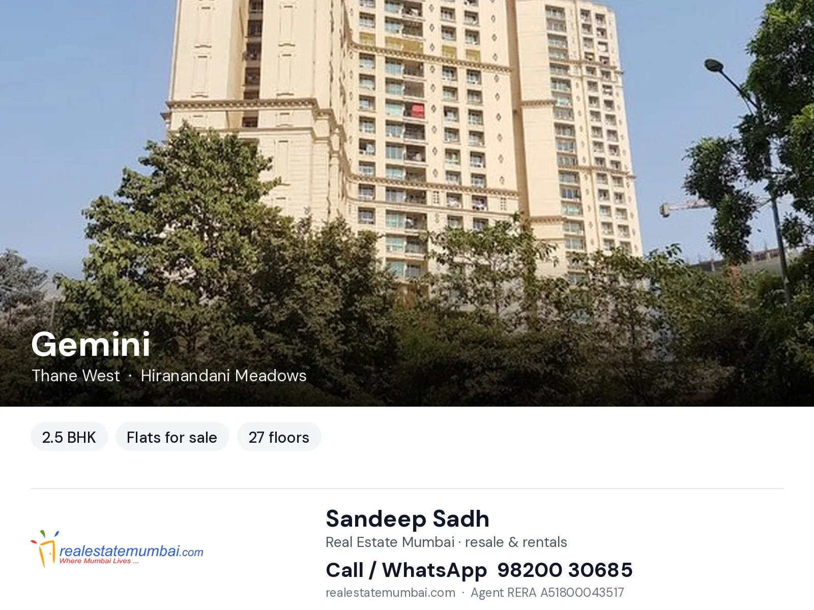 Gemini, Thane West — 2.5 BHK flats for sale | Real Estate Mumbai, Sandeep Sadh 98200 30685