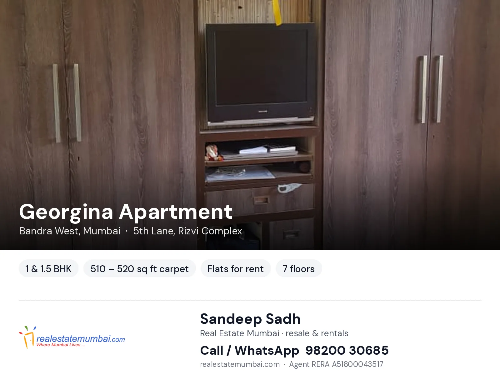 Georgina Apartment, Bandra West, Mumbai — 1 & 1.5 BHK flats for rent | Real Estate Mumbai, Sandeep Sadh 98200 30685