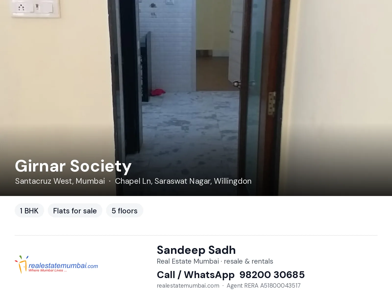 Girnar Society, Santacruz West, Mumbai — 1 BHK flats for sale | Real Estate Mumbai, Sandeep Sadh 98200 30685
