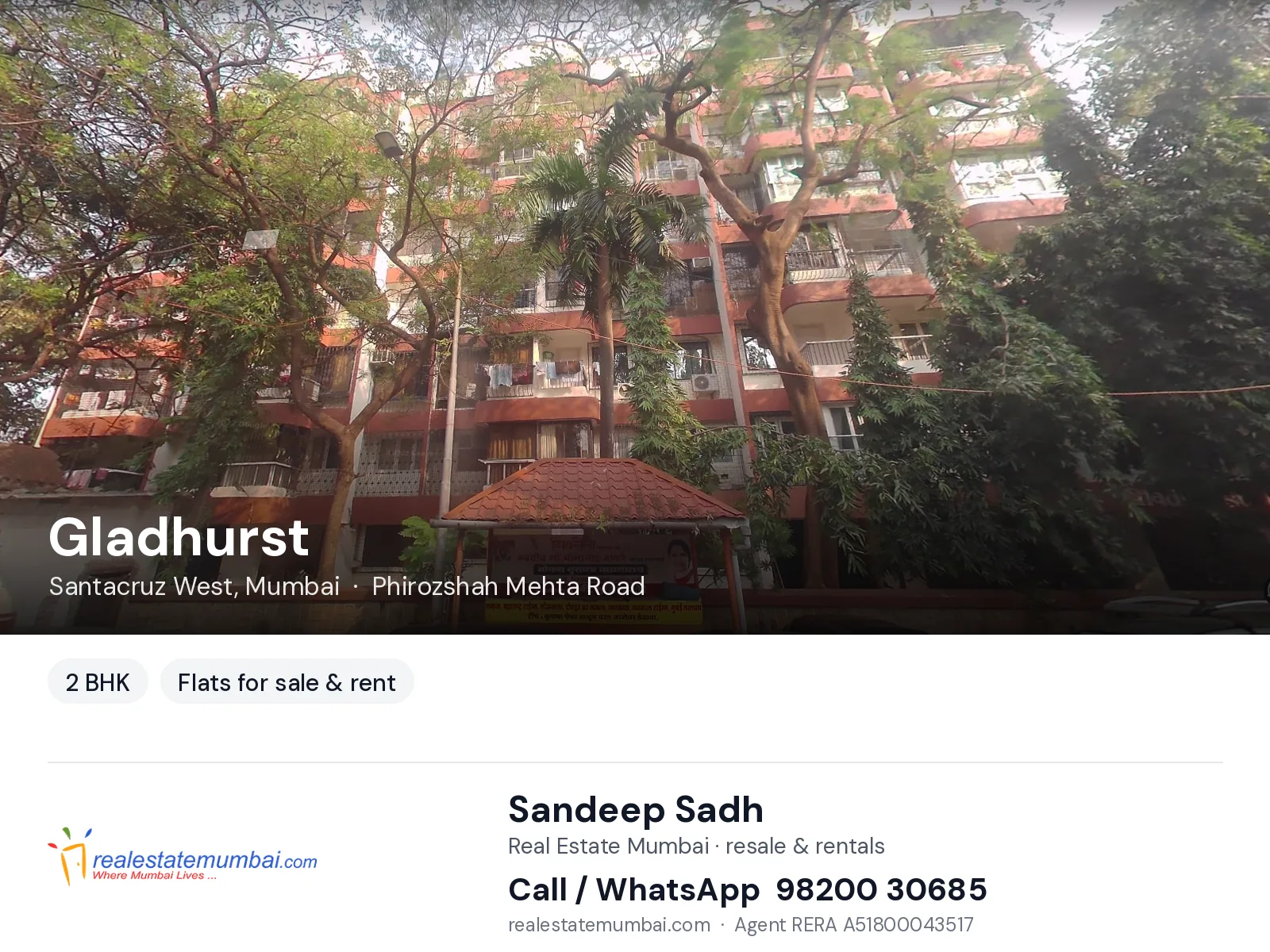 Gladhurst, Santacruz West, Mumbai — 2 BHK flats for sale & rent | Real Estate Mumbai, Sandeep Sadh 98200 30685