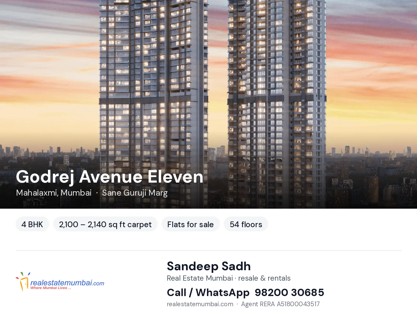 Godrej Avenue Eleven, Mahalaxmi, Mumbai — 4 BHK flats for sale | Real Estate Mumbai, Sandeep Sadh 98200 30685
