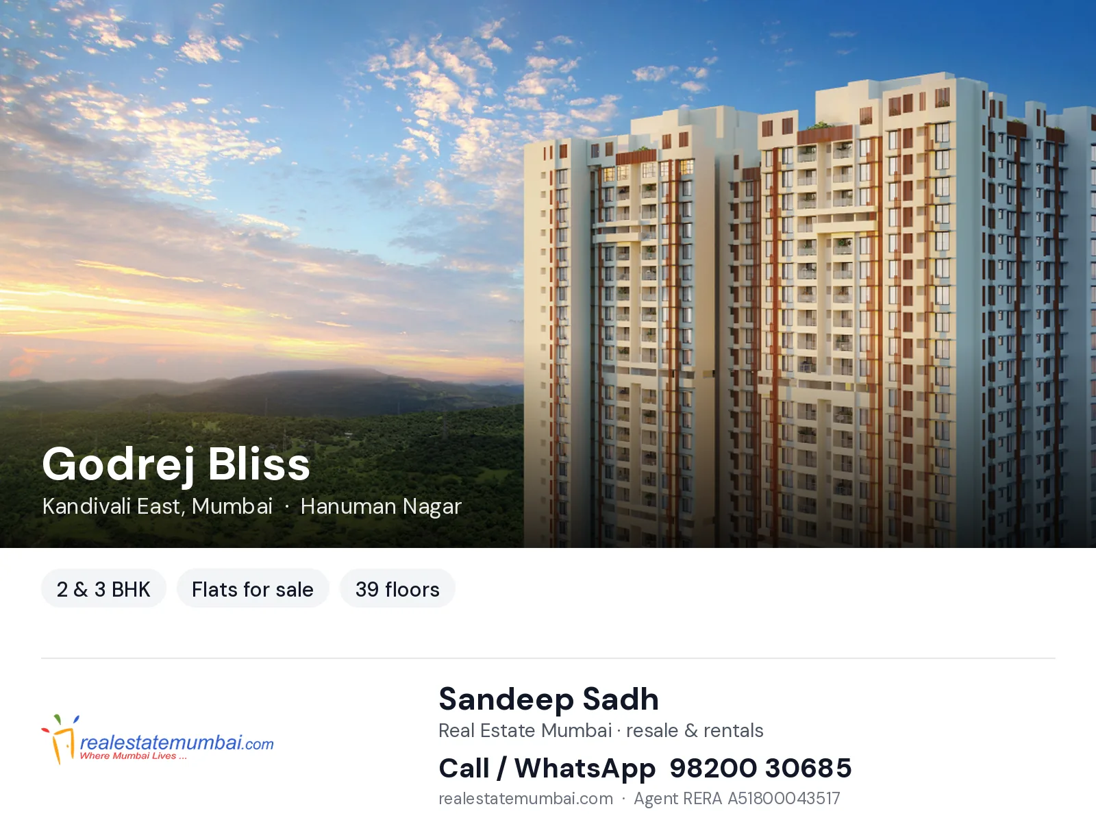 Godrej Bliss, Kandivali East, Mumbai — 2 & 3 BHK flats for sale | Real Estate Mumbai, Sandeep Sadh 98200 30685