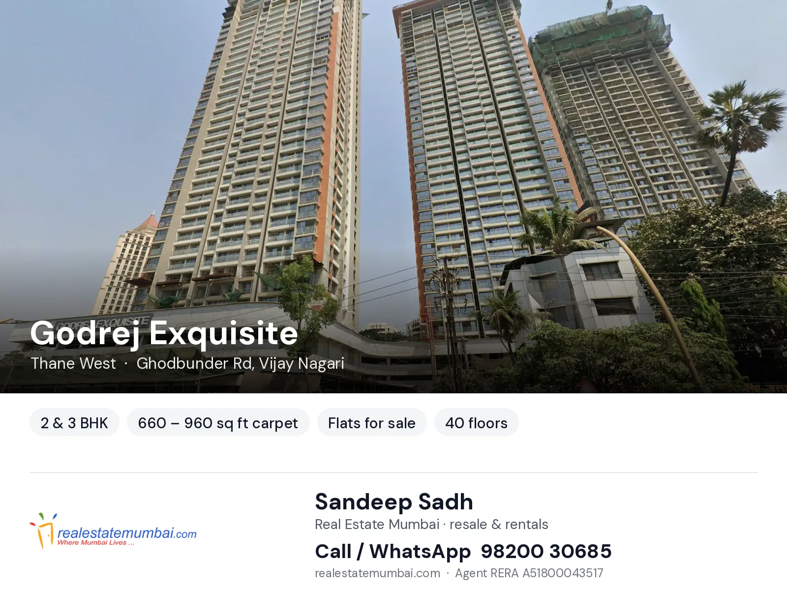 Godrej Exquisite, Thane West — 2 & 3 BHK flats for sale | Real Estate Mumbai, Sandeep Sadh 98200 30685