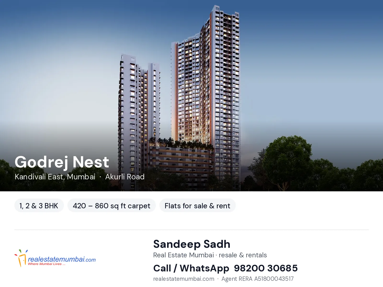 Godrej Nest, Kandivali East, Mumbai — 1, 2 & 3 BHK flats for sale & rent | Real Estate Mumbai, Sandeep Sadh 98200 30685