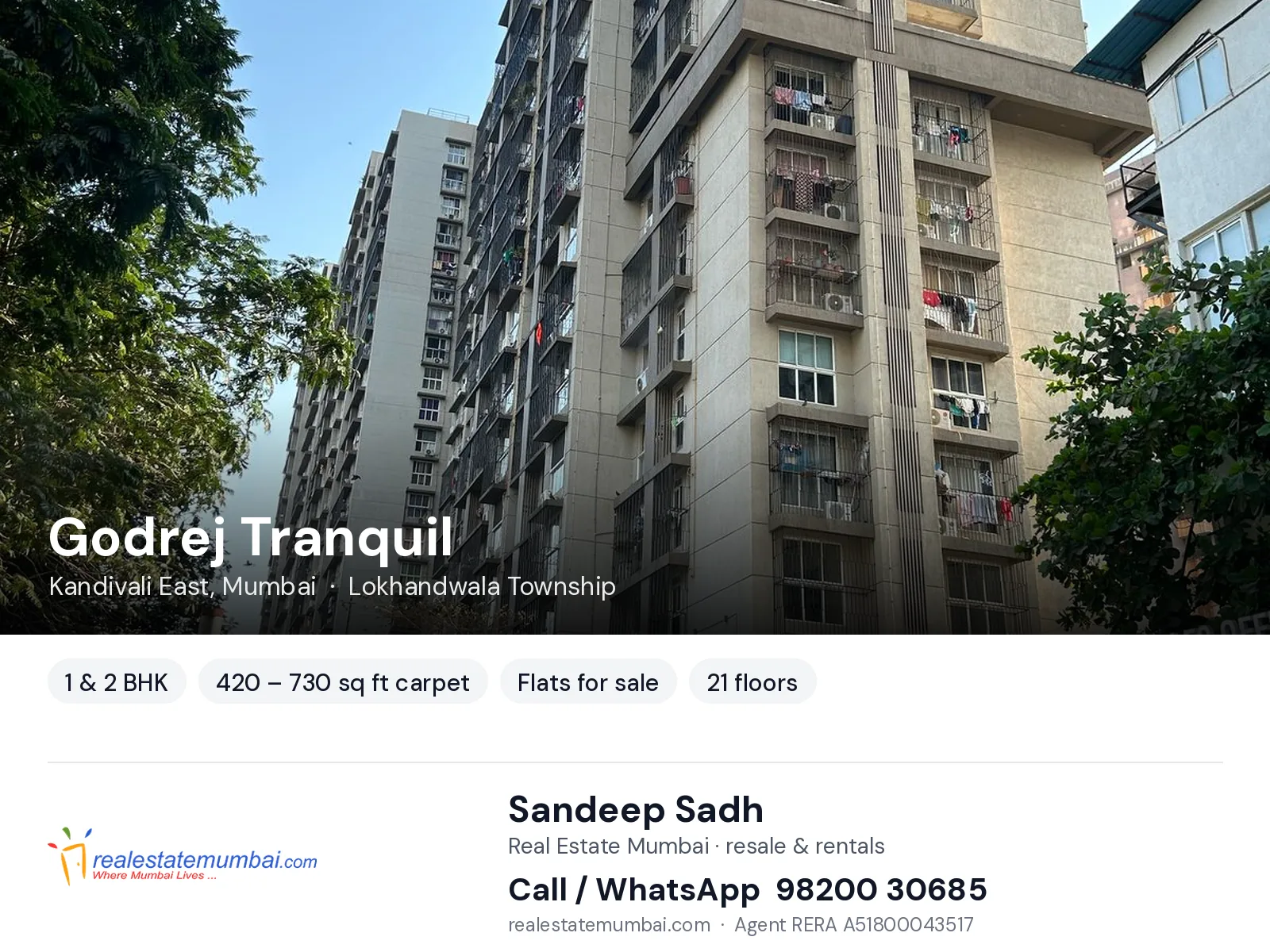 Godrej Tranquil, Kandivali East, Mumbai — 1 & 2 BHK flats for sale | Real Estate Mumbai, Sandeep Sadh 98200 30685