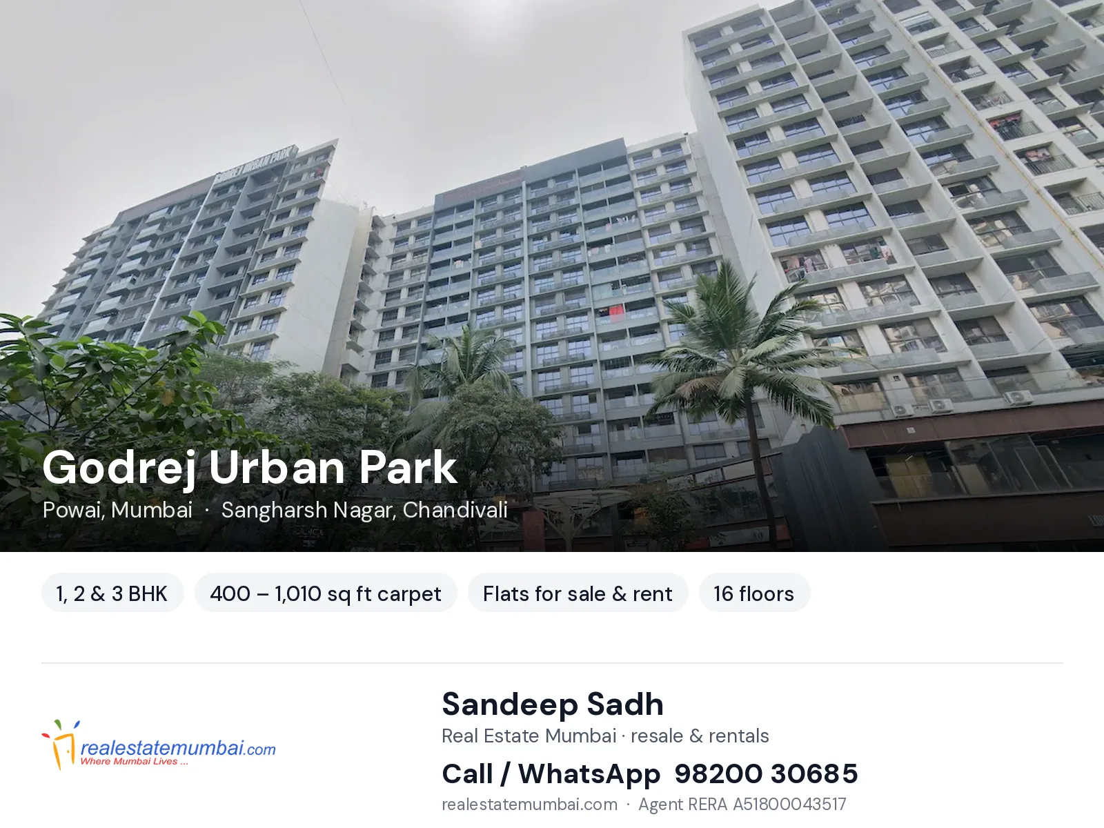 Godrej Urban Park, Powai, Mumbai — 1, 2 & 3 BHK flats for sale & rent | Real Estate Mumbai, Sandeep Sadh 98200 30685