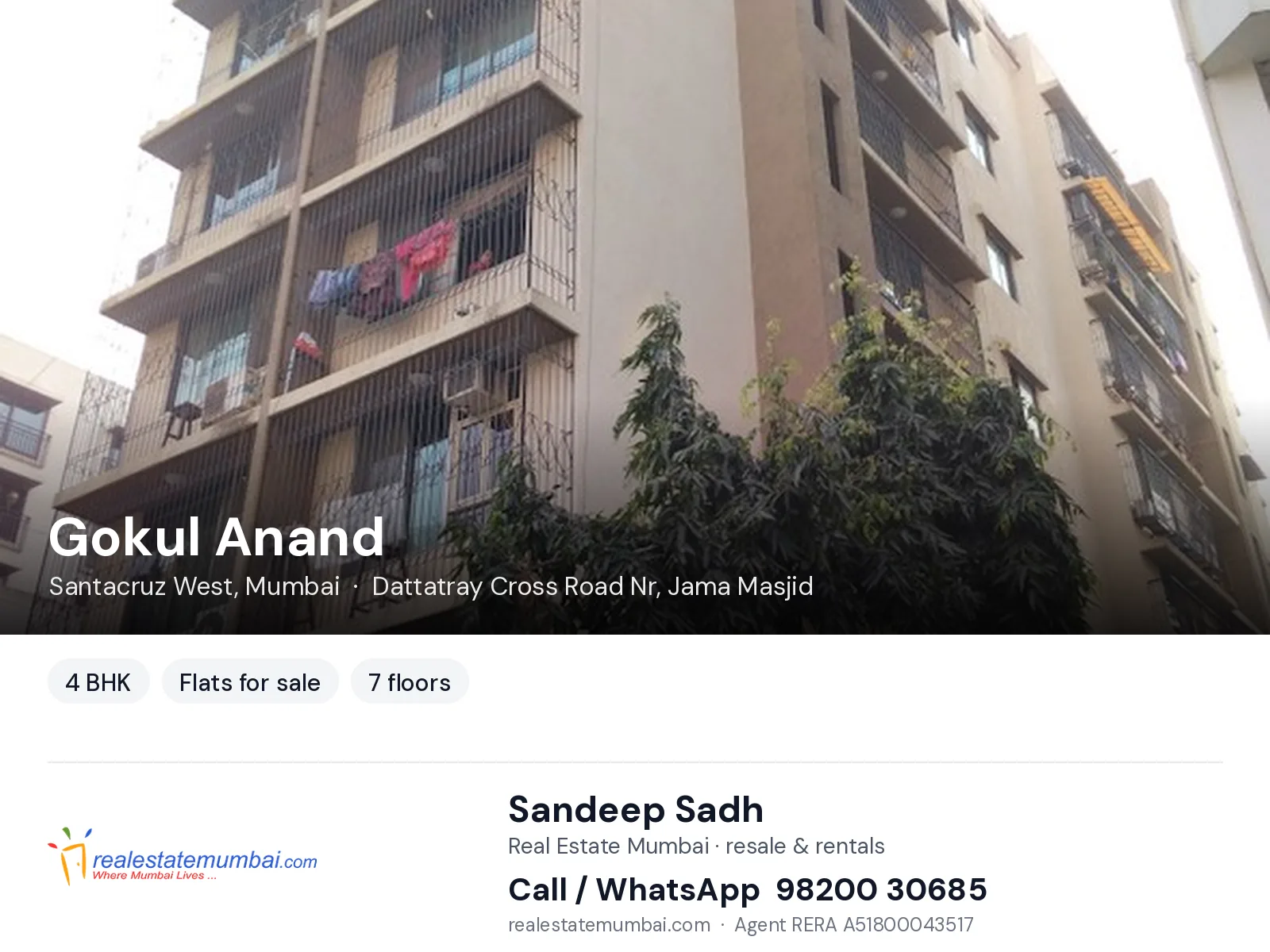 Gokul Anand, Santacruz West, Mumbai — 4 BHK flats for sale | Real Estate Mumbai, Sandeep Sadh 98200 30685