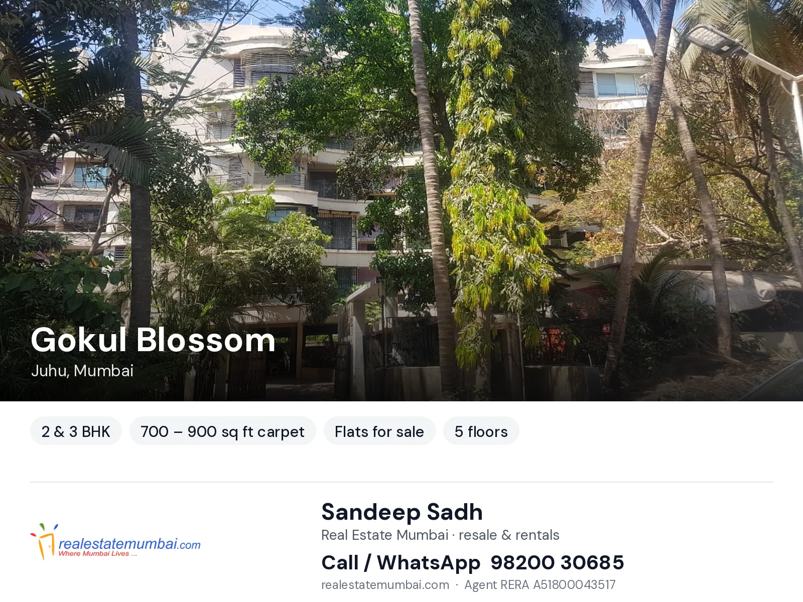 Gokul Blossom, Juhu, Mumbai — 2 & 3 BHK flats for sale | Real Estate Mumbai, Sandeep Sadh 98200 30685