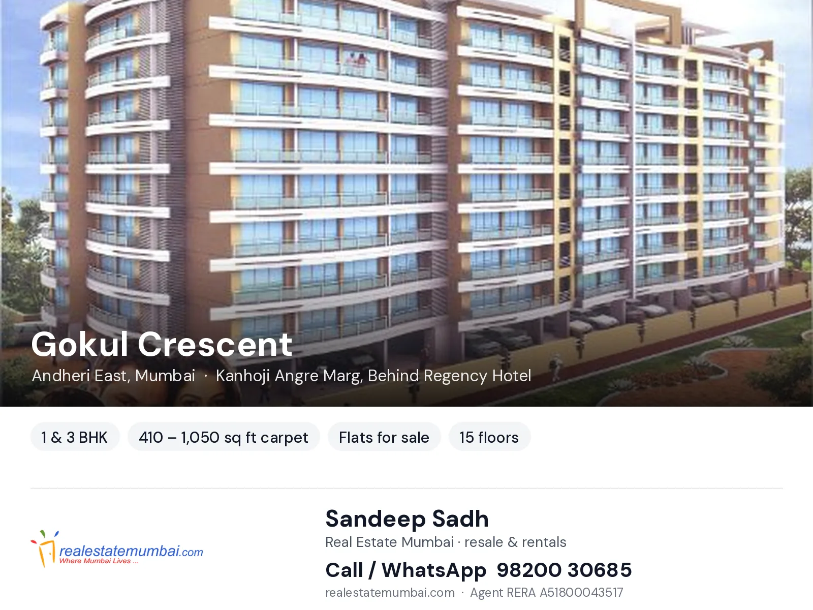 Gokul Crescent, Andheri East, Mumbai — 1 & 3 BHK flats for sale | Real Estate Mumbai, Sandeep Sadh 98200 30685