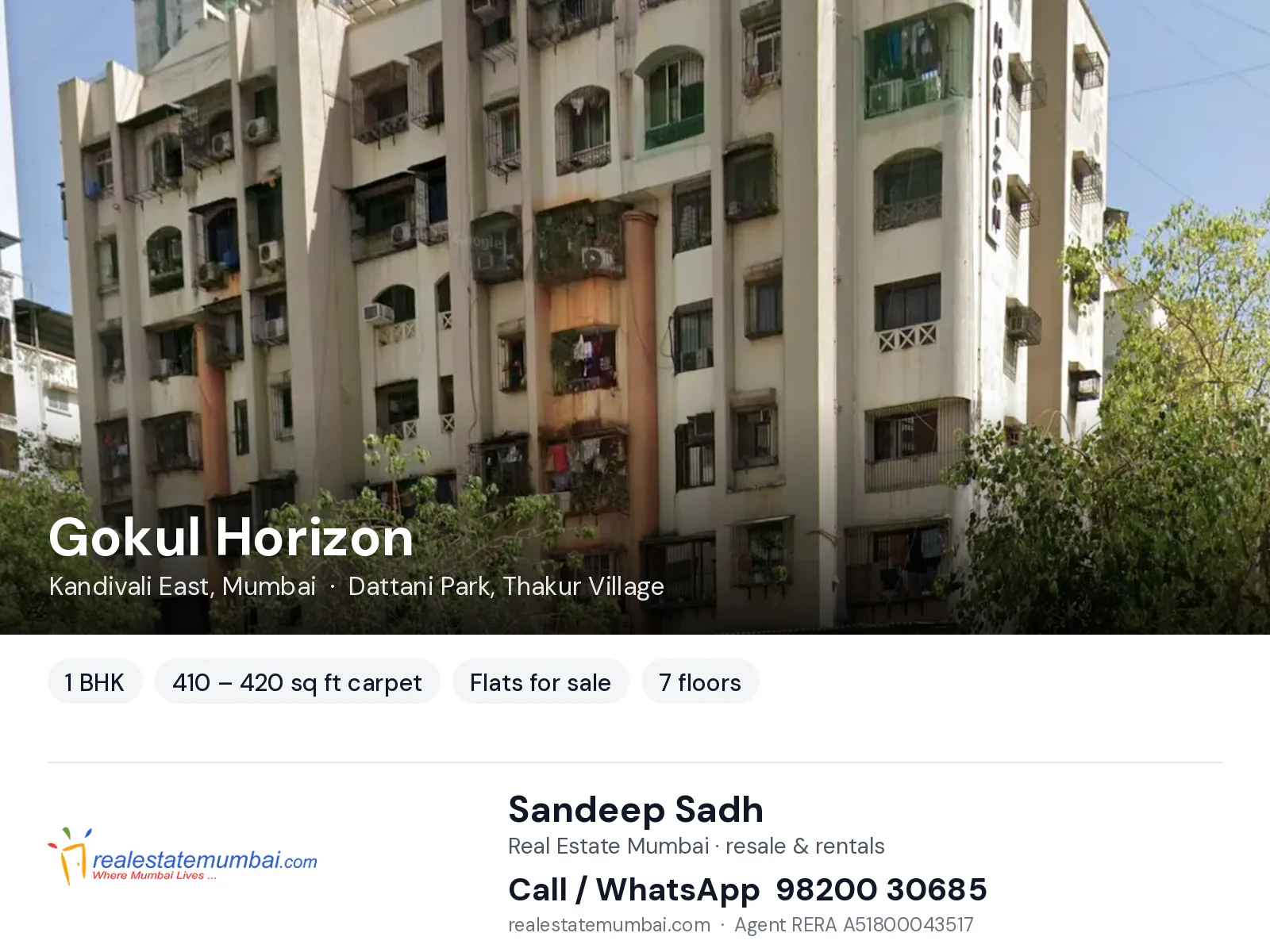Gokul Horizon, Kandivali East, Mumbai — 1 BHK flats for sale | Real Estate Mumbai, Sandeep Sadh 98200 30685