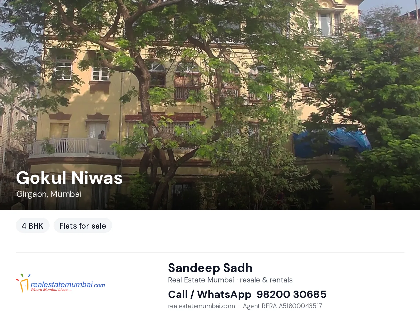 Gokul Niwas, Girgaon, Mumbai — 4 BHK flats for sale | Real Estate Mumbai, Sandeep Sadh 98200 30685