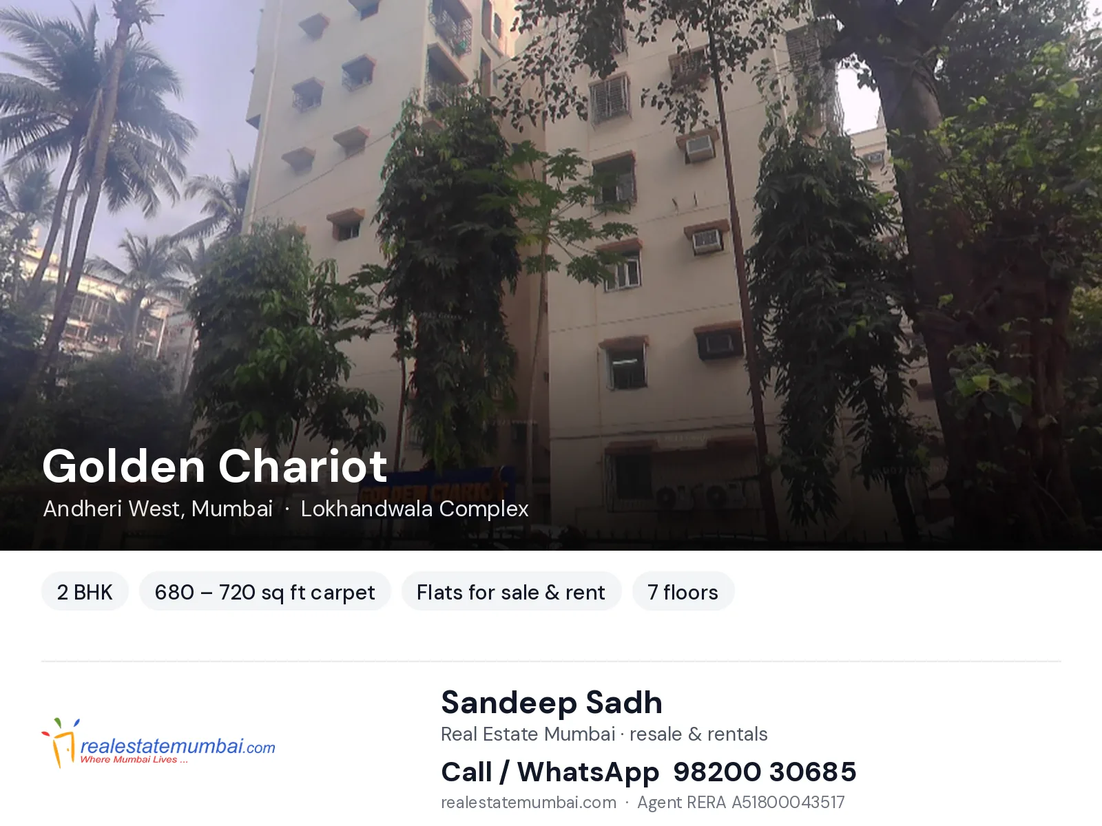 Golden Chariot, Andheri West, Mumbai — 2 BHK flats for sale & rent | Real Estate Mumbai, Sandeep Sadh 98200 30685
