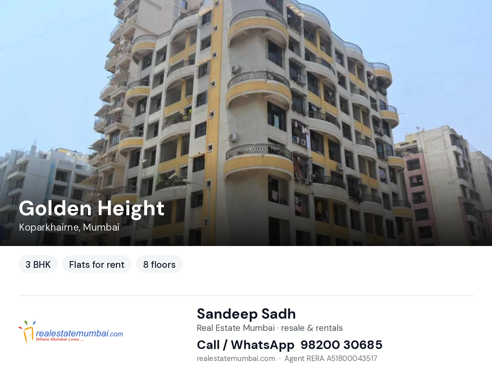 Golden Height, Koparkhairne, Mumbai — 3 BHK flats for rent | Real Estate Mumbai, Sandeep Sadh 98200 30685