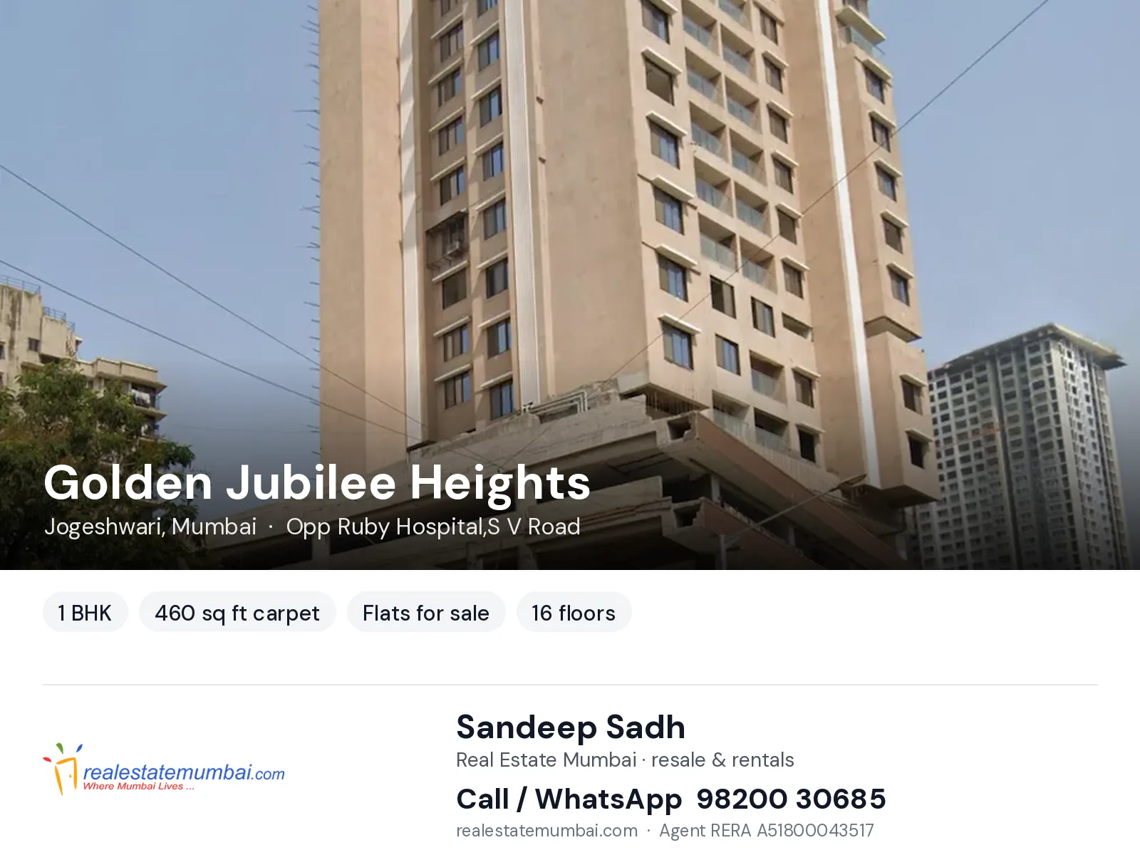 Golden Jubilee Heights, Jogeshwari, Mumbai — 1 BHK flats for sale | Real Estate Mumbai, Sandeep Sadh 98200 30685
