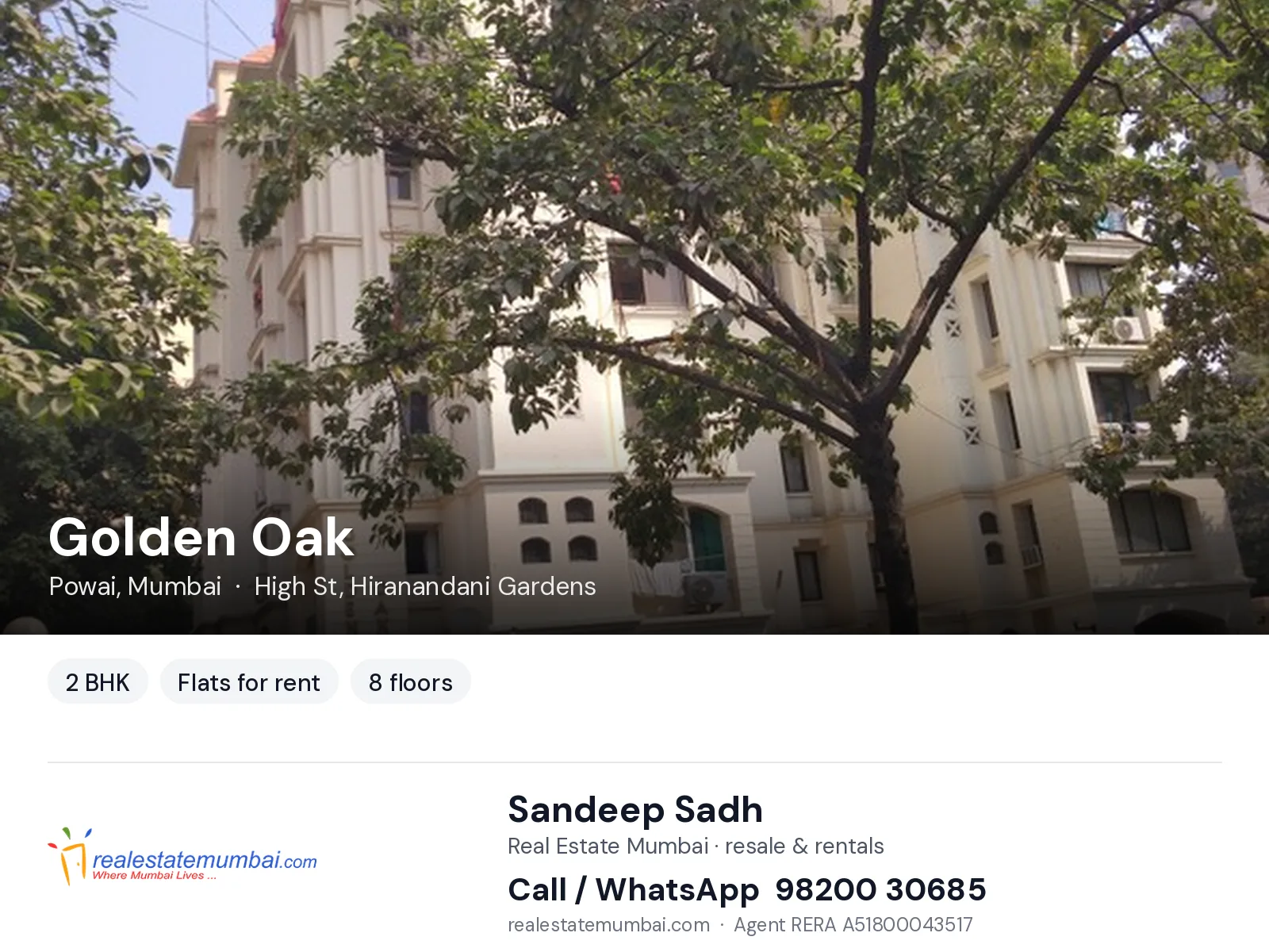 Golden Oak, Powai, Mumbai — 2 BHK flats for rent | Real Estate Mumbai, Sandeep Sadh 98200 30685