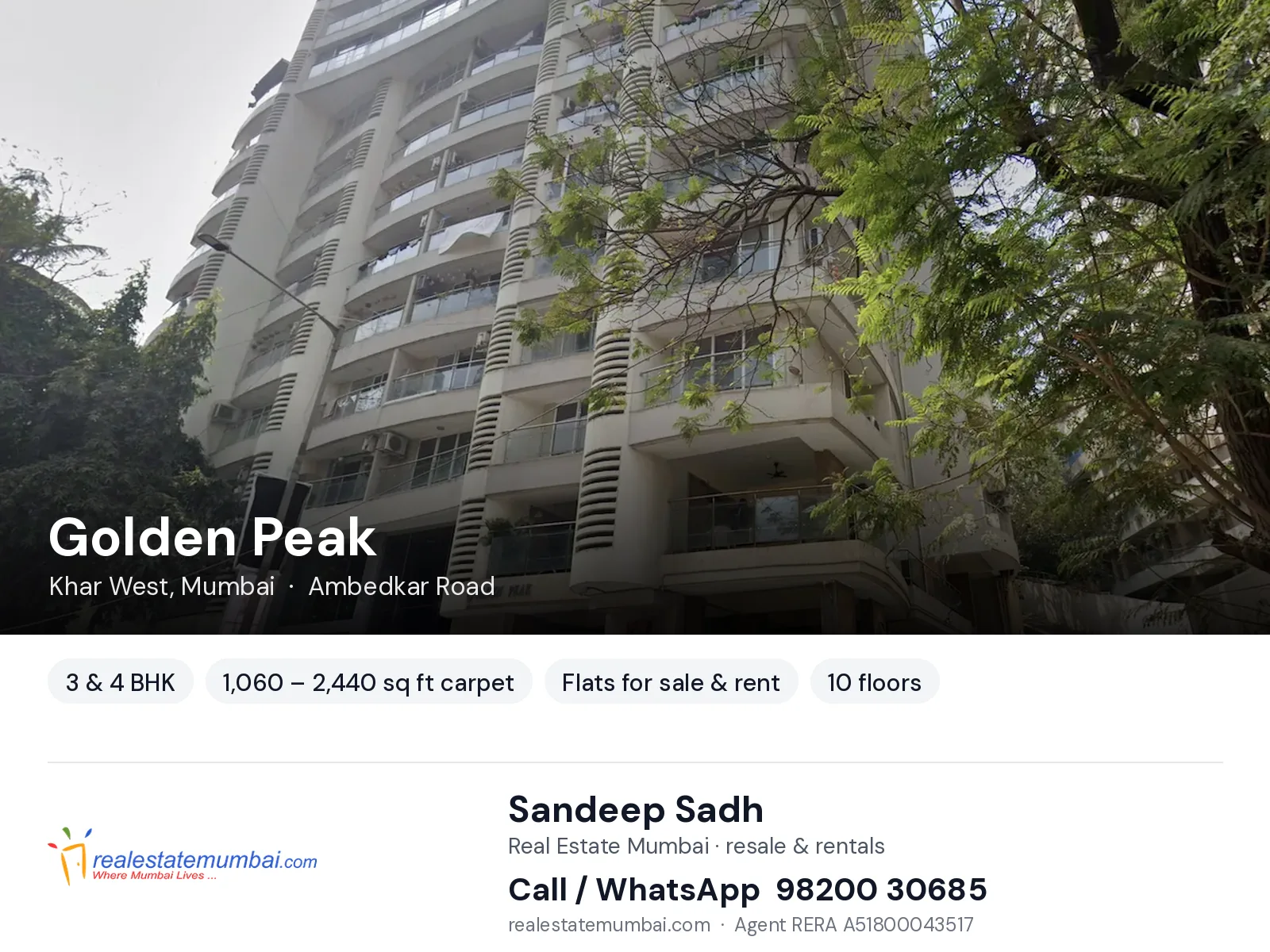 Golden Peak, Khar West, Mumbai — 3 & 4 BHK flats for sale & rent | Real Estate Mumbai, Sandeep Sadh 98200 30685