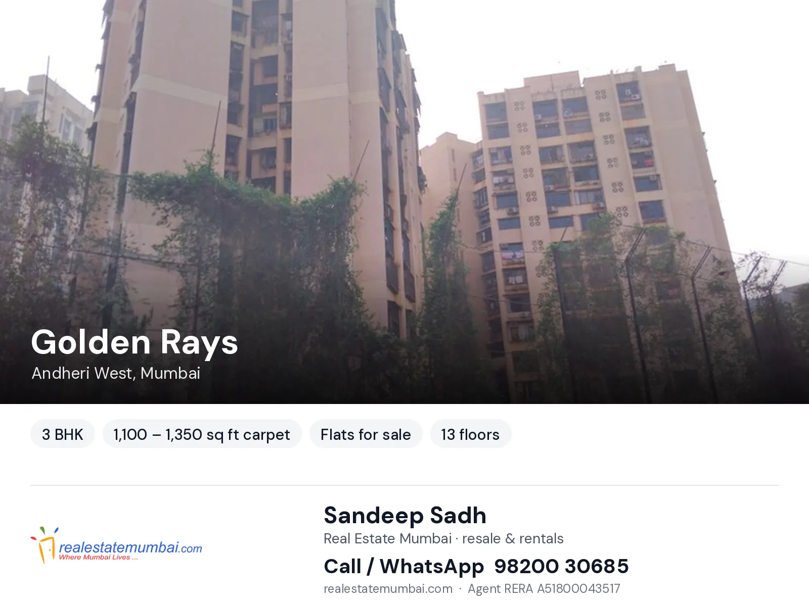 Golden Rays, Andheri West, Mumbai — 3 BHK flats for sale | Real Estate Mumbai, Sandeep Sadh 98200 30685