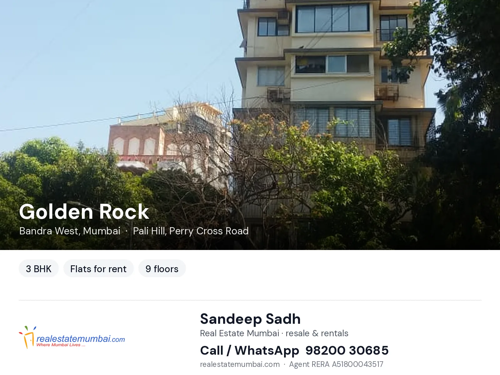 Golden Rock, Bandra West, Mumbai — 3 BHK flats for rent | Real Estate Mumbai, Sandeep Sadh 98200 30685
