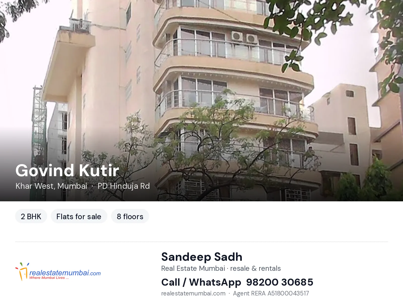 Govind Kutir, Khar West, Mumbai — 2 BHK flats for sale | Real Estate Mumbai, Sandeep Sadh 98200 30685