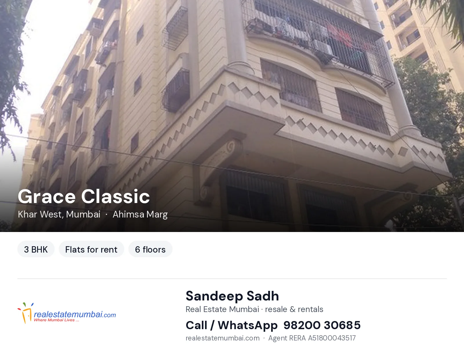 Grace Classic, Khar West, Mumbai — 3 BHK flats for rent | Real Estate Mumbai, Sandeep Sadh 98200 30685