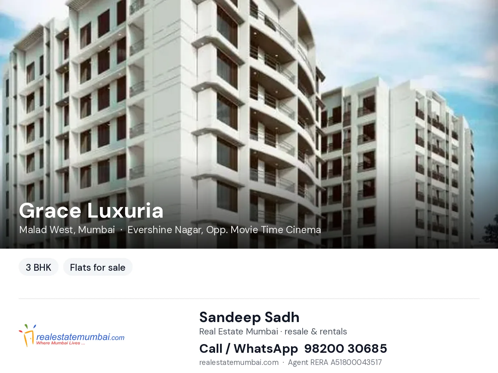Grace Luxuria, Malad West, Mumbai — 3 BHK flats for sale | Real Estate Mumbai, Sandeep Sadh 98200 30685