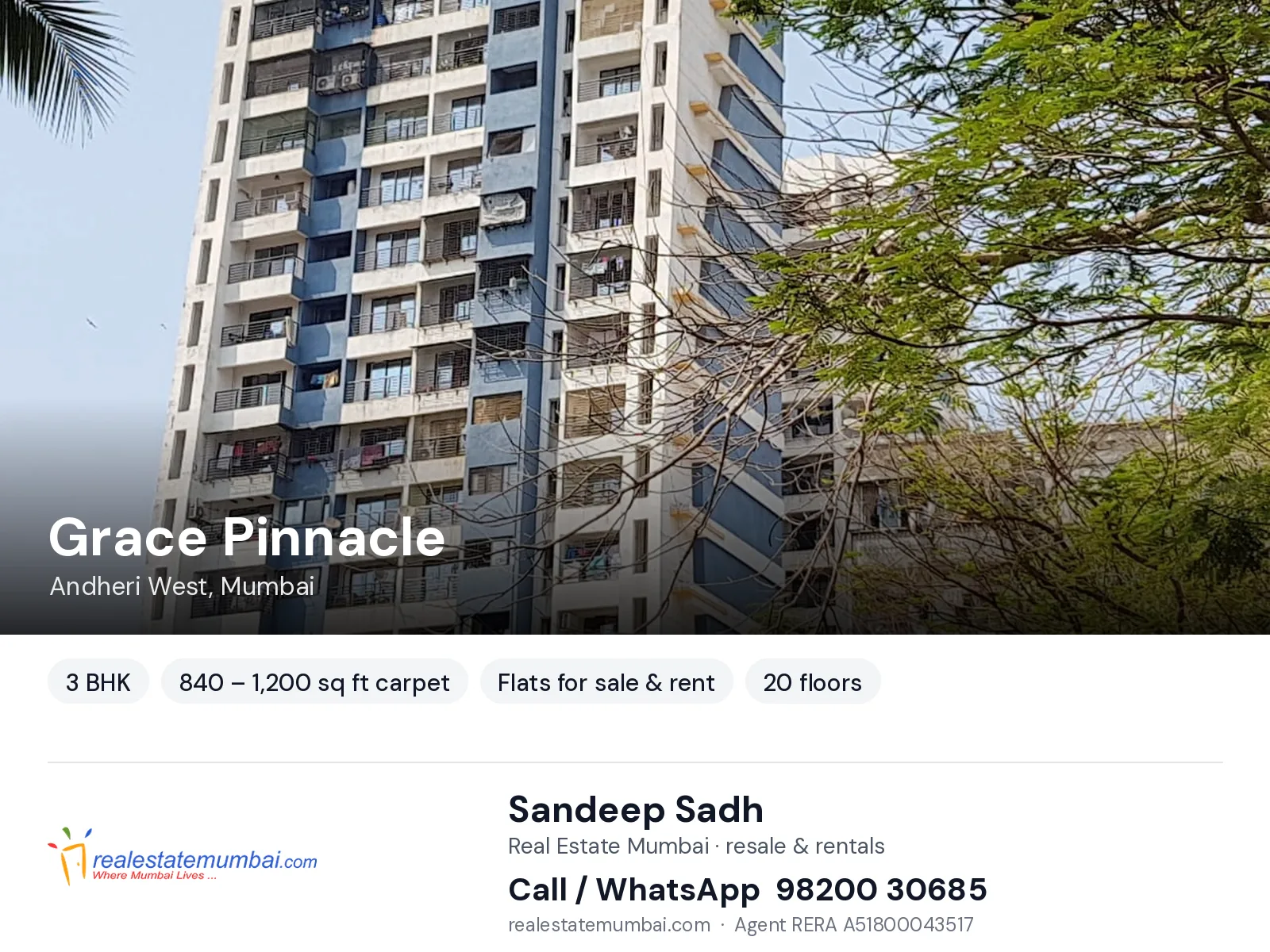 Grace Pinnacle, Andheri West, Mumbai — 3 BHK flats for sale & rent | Real Estate Mumbai, Sandeep Sadh 98200 30685