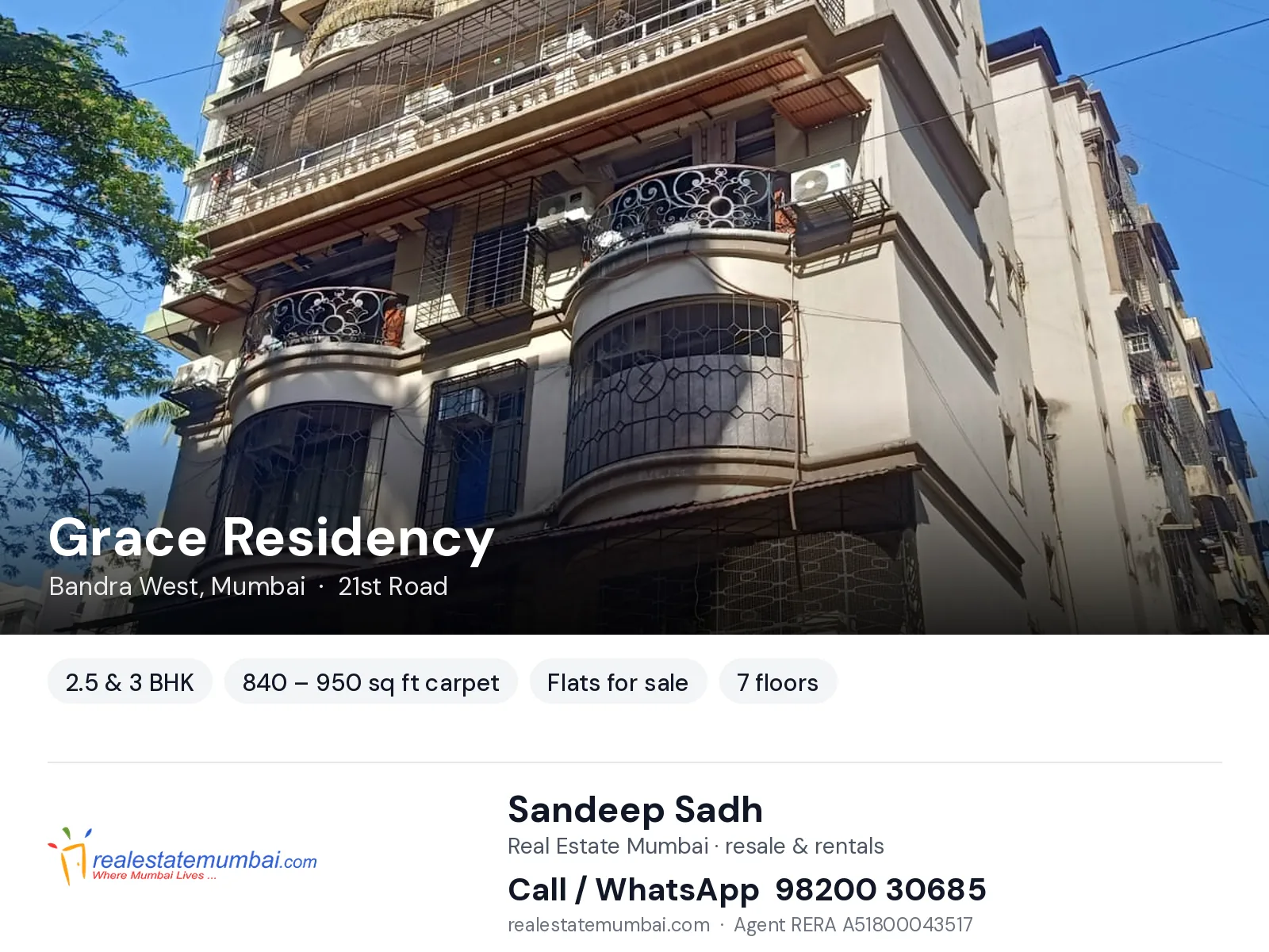 Grace Residency, Bandra West, Mumbai — 2.5 & 3 BHK flats for sale | Real Estate Mumbai, Sandeep Sadh 98200 30685