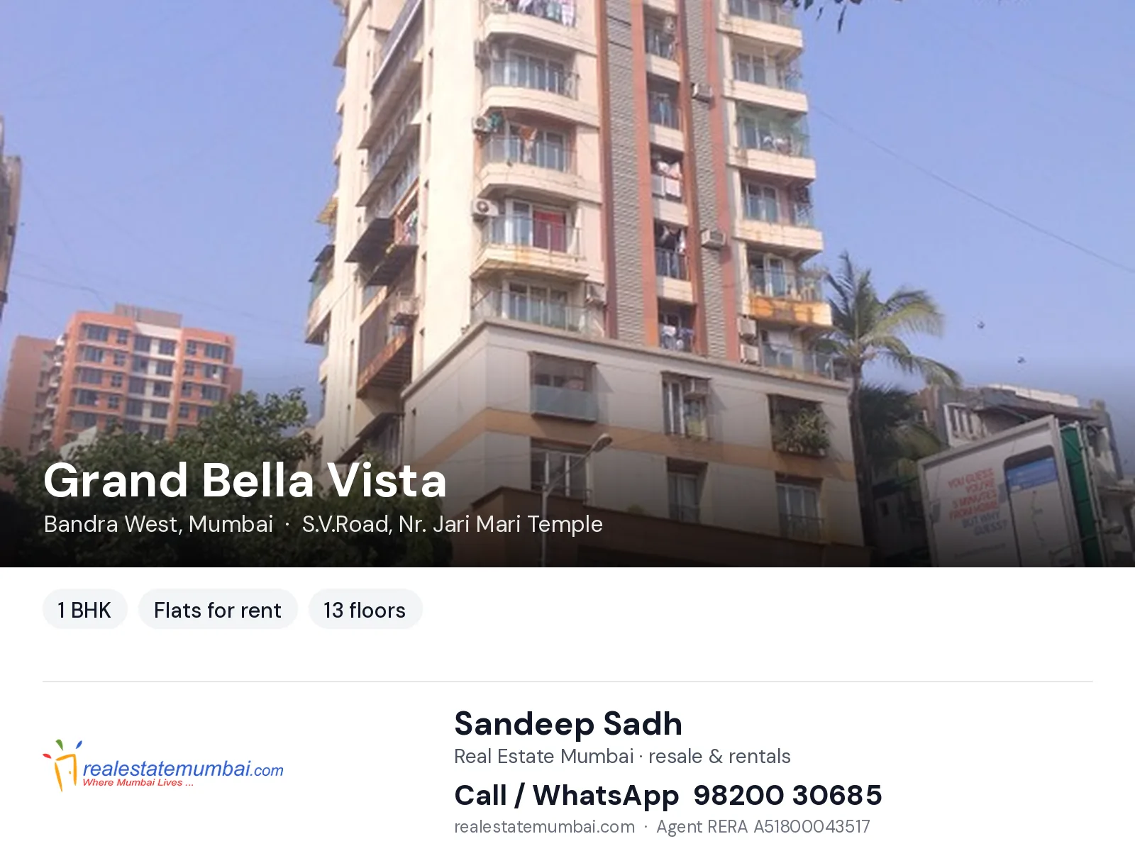 Grand Bella Vista, Bandra West, Mumbai — 1 BHK flats for rent | Real Estate Mumbai, Sandeep Sadh 98200 30685