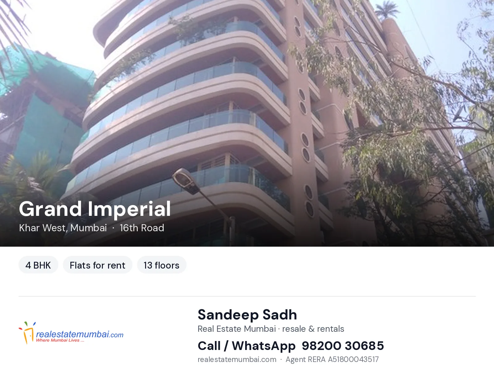 Grand Imperial, Khar West, Mumbai — 4 BHK flats for rent | Real Estate Mumbai, Sandeep Sadh 98200 30685
