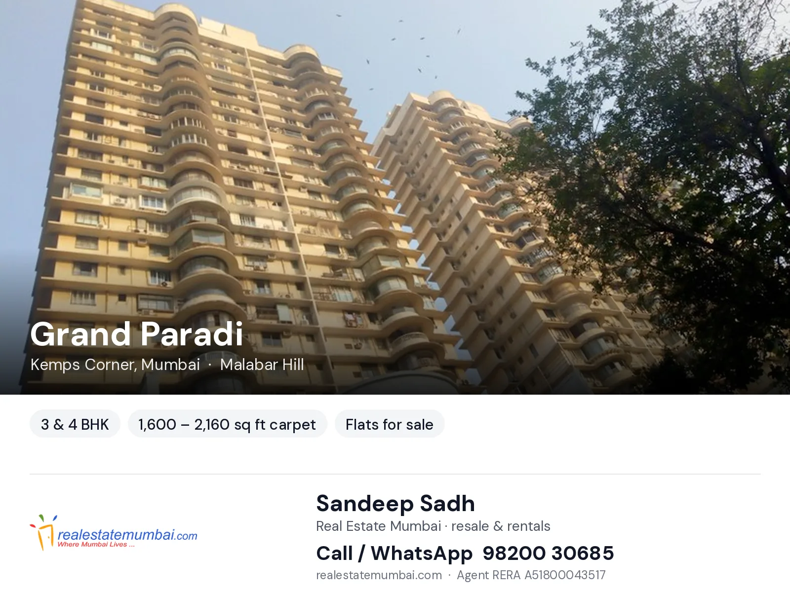 Grand Paradi, Kemps Corner, Mumbai — 3 & 4 BHK flats for sale | Real Estate Mumbai, Sandeep Sadh 98200 30685