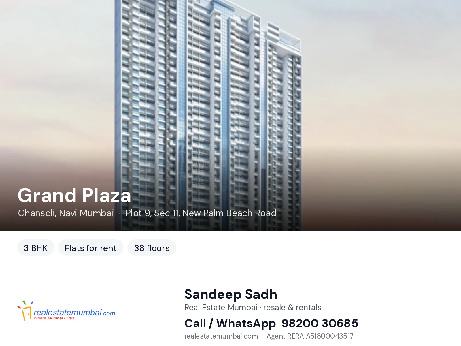 Grand Plaza, Ghansoli, Navi Mumbai — 3 BHK flats for rent | Real Estate Mumbai, Sandeep Sadh 98200 30685