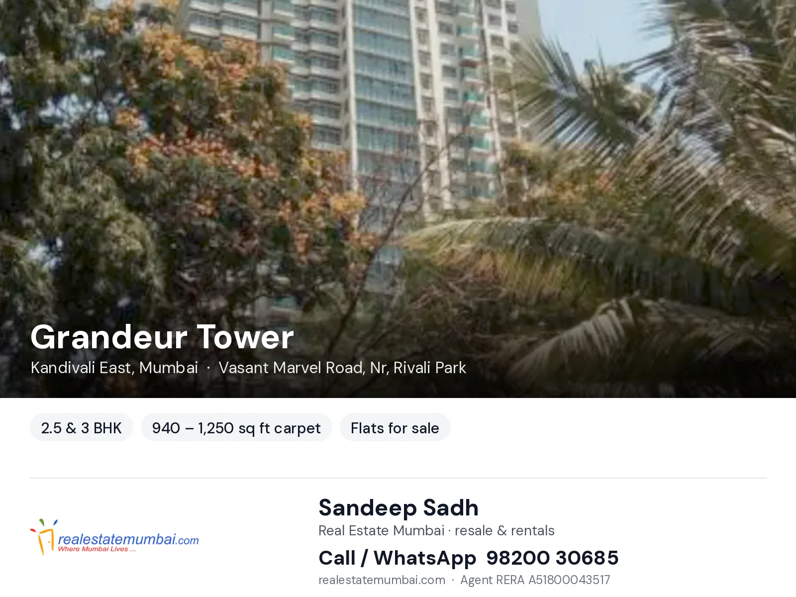 Grandeur Tower, Kandivali East, Mumbai — 2.5 & 3 BHK flats for sale | Real Estate Mumbai, Sandeep Sadh 98200 30685