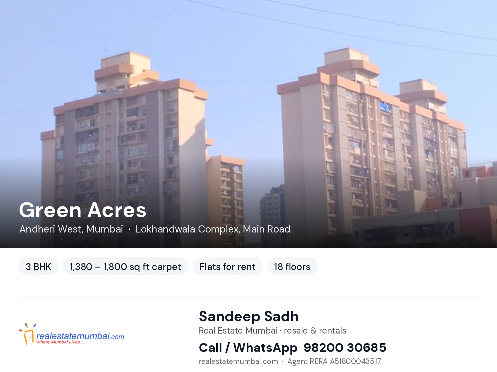 Green Acres, Andheri West, Mumbai — 3 BHK flats for rent | Real Estate Mumbai, Sandeep Sadh 98200 30685