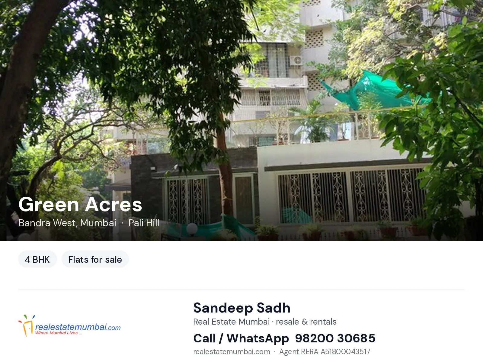 Green Acres, Bandra West, Mumbai — 4 BHK flats for sale | Real Estate Mumbai, Sandeep Sadh 98200 30685