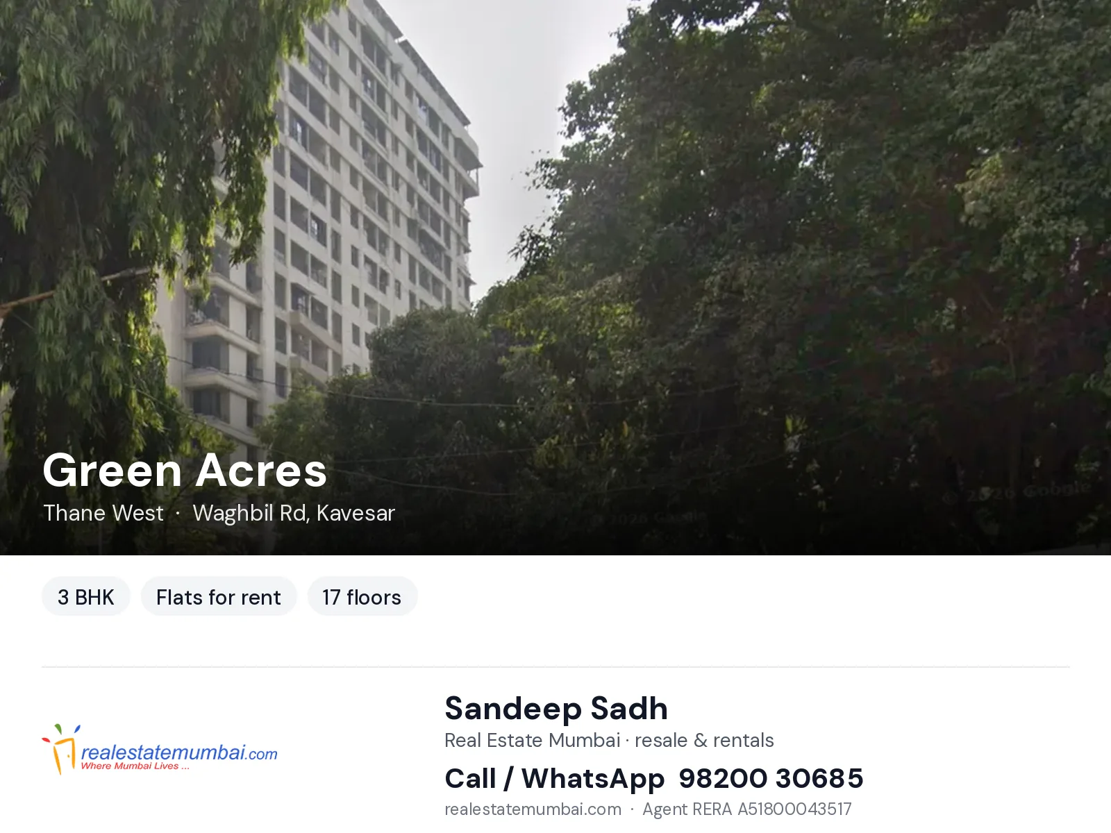 Green Acres, Thane West — 3 BHK flats for rent | Real Estate Mumbai, Sandeep Sadh 98200 30685