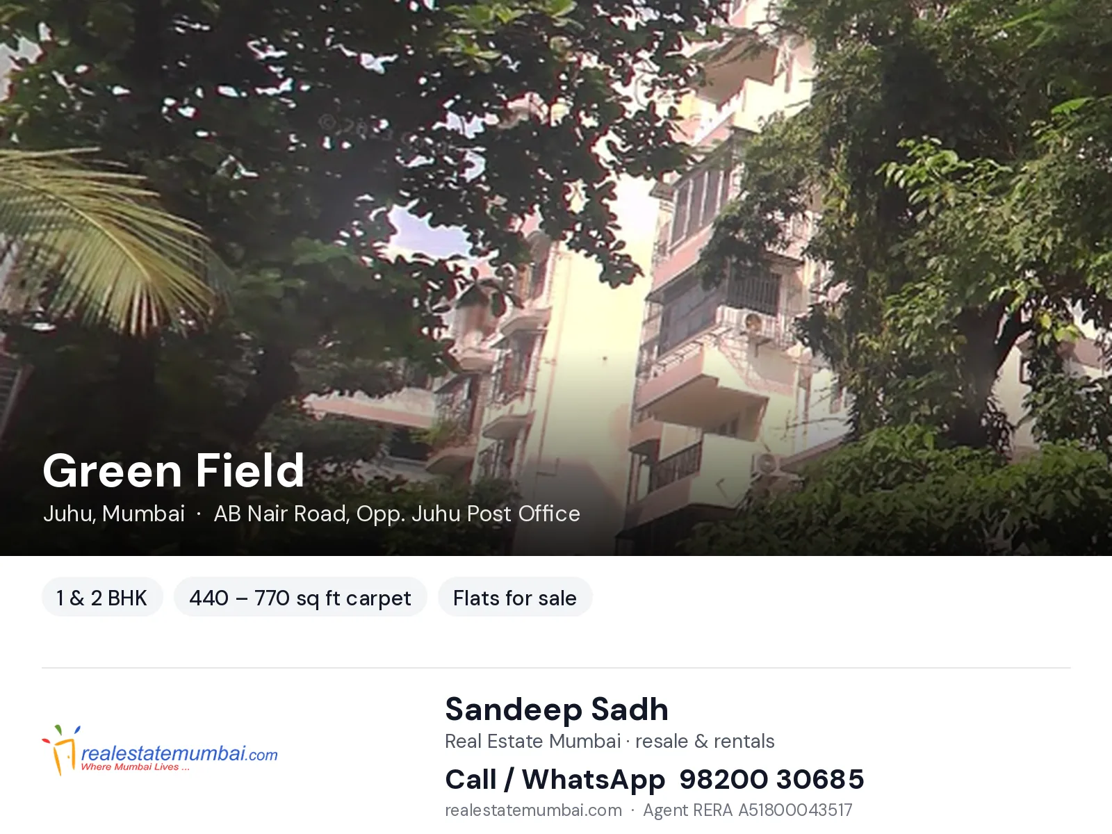 Green Field, Juhu, Mumbai — 1 & 2 BHK flats for sale | Real Estate Mumbai, Sandeep Sadh 98200 30685