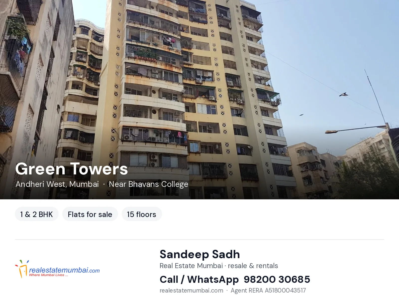 Green Towers, Andheri West, Mumbai — 1 & 2 BHK flats for sale | Real Estate Mumbai, Sandeep Sadh 98200 30685