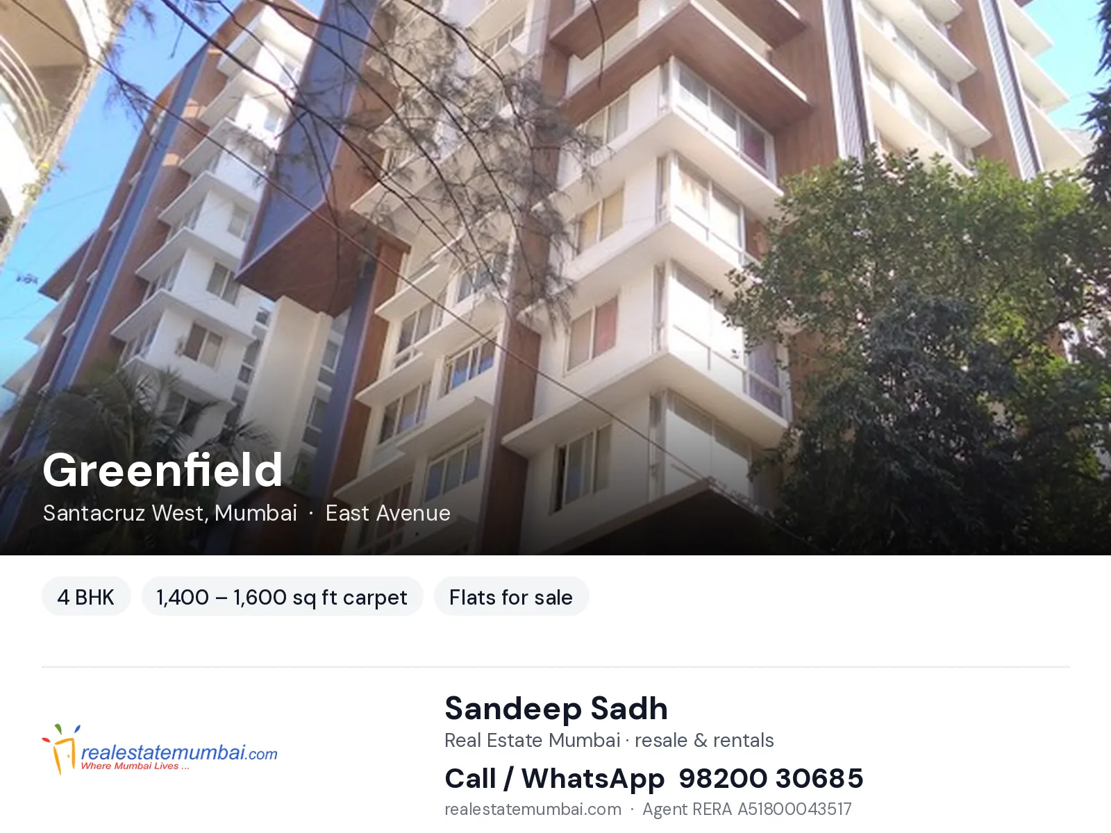 Greenfield, Santacruz West, Mumbai — 4 BHK flats for sale | Real Estate Mumbai, Sandeep Sadh 98200 30685
