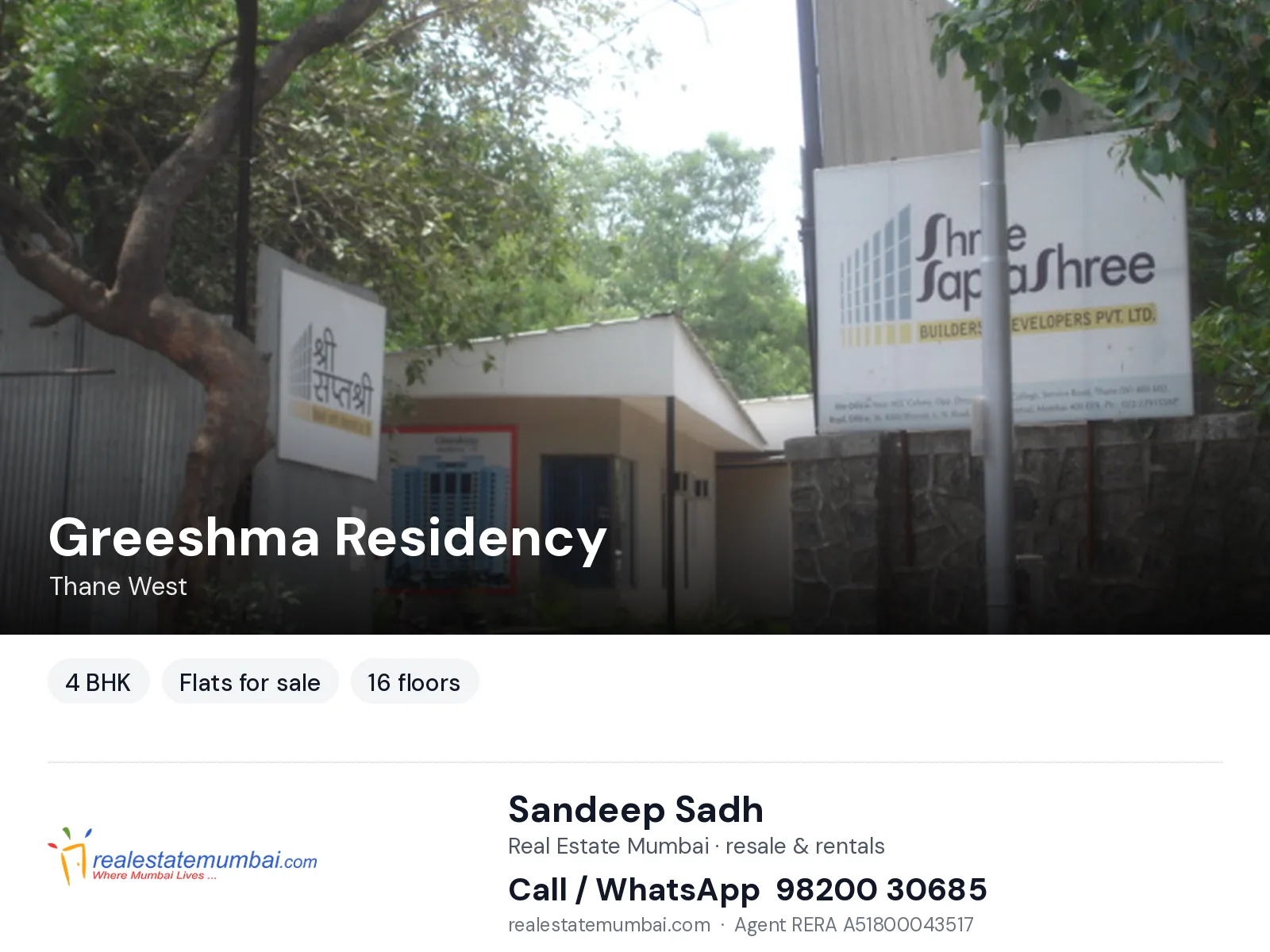 Greeshma Residency, Thane West — 4 BHK flats for sale | Real Estate Mumbai, Sandeep Sadh 98200 30685