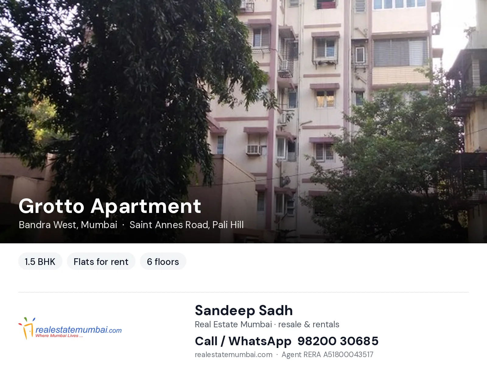 Grotto Apartment, Bandra West, Mumbai — 1.5 BHK flats for rent | Real Estate Mumbai, Sandeep Sadh 98200 30685