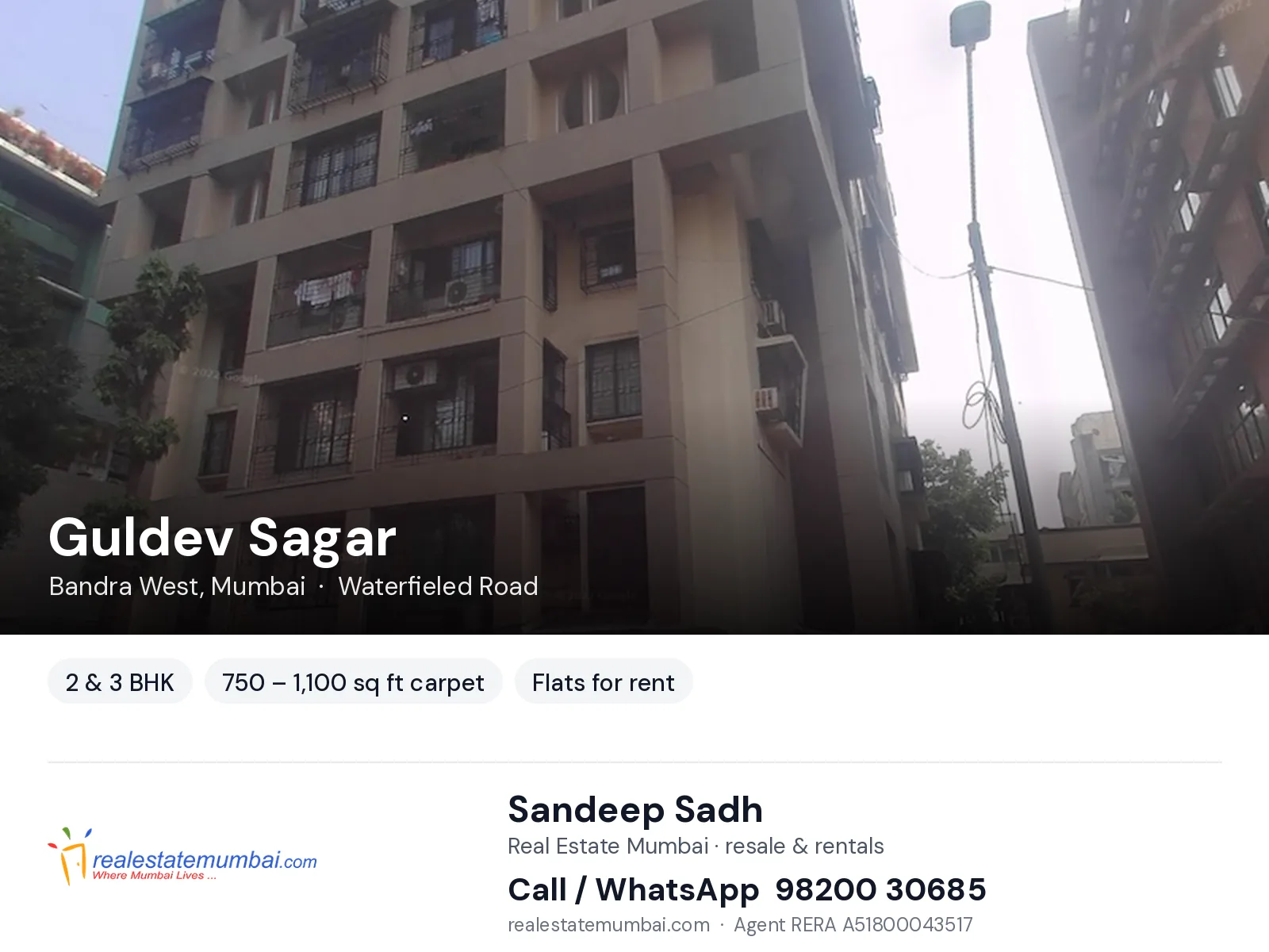 Guldev Sagar, Bandra West, Mumbai — 2 & 3 BHK flats for rent | Real Estate Mumbai, Sandeep Sadh 98200 30685