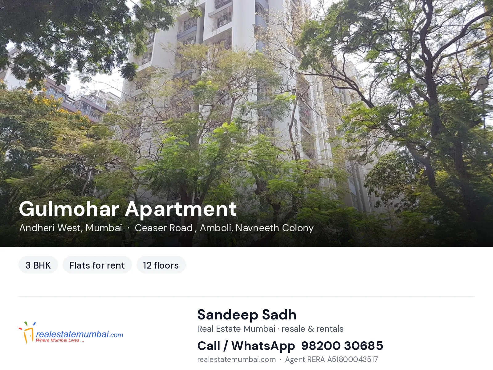 Gulmohar Apartment, Andheri West, Mumbai — 3 BHK flats for rent | Real Estate Mumbai, Sandeep Sadh 98200 30685