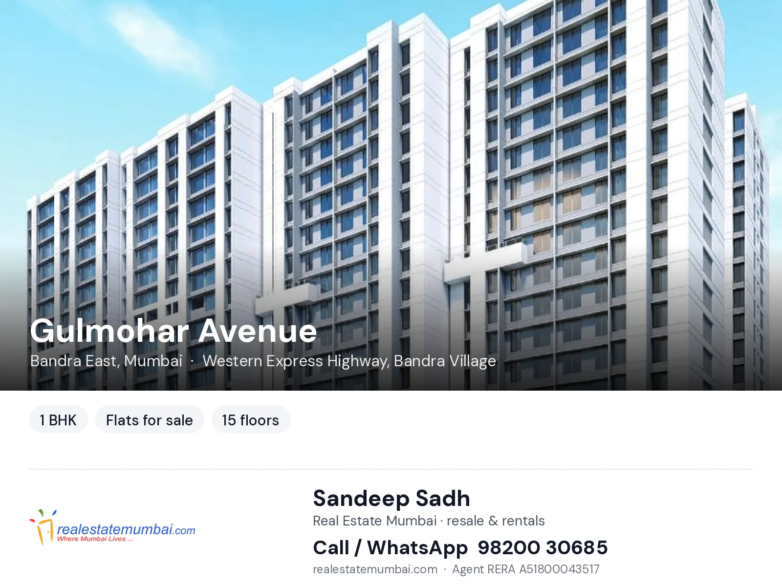 Gulmohar Avenue, Bandra East, Mumbai — 1 BHK flats for sale | Real Estate Mumbai, Sandeep Sadh 98200 30685