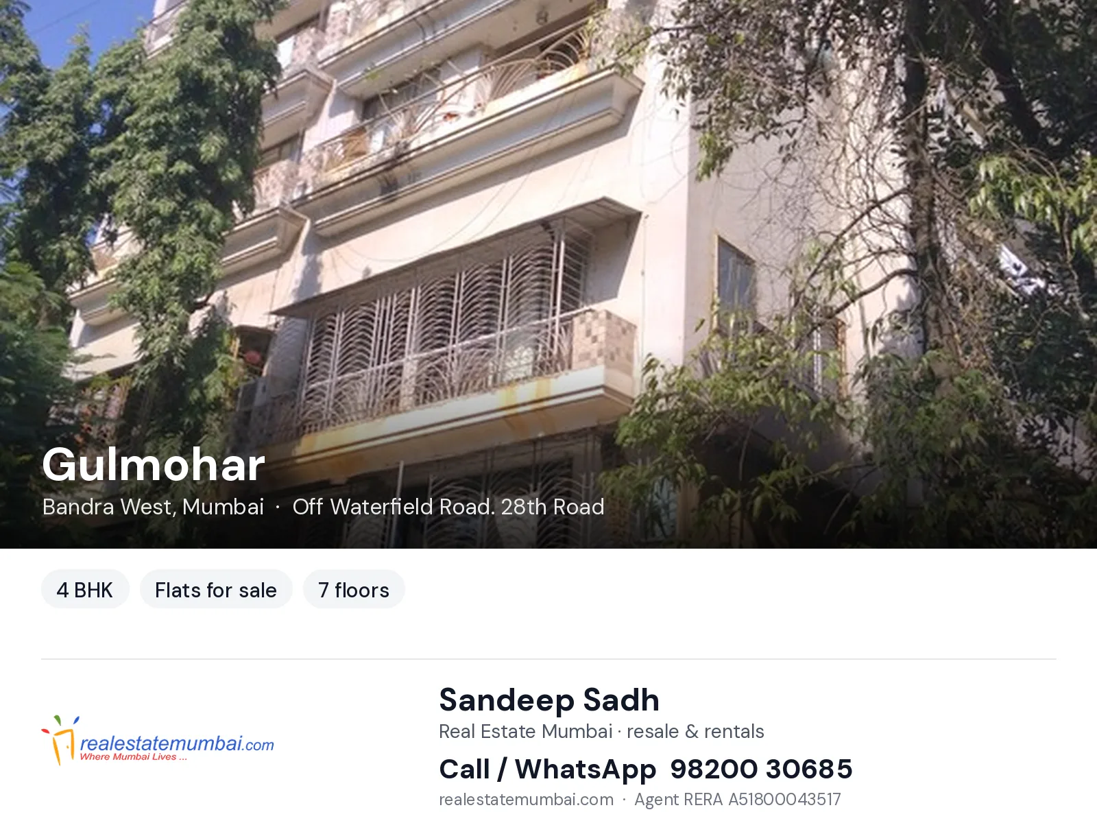 Gulmohar, Bandra West, Mumbai — 4 BHK flats for sale | Real Estate Mumbai, Sandeep Sadh 98200 30685