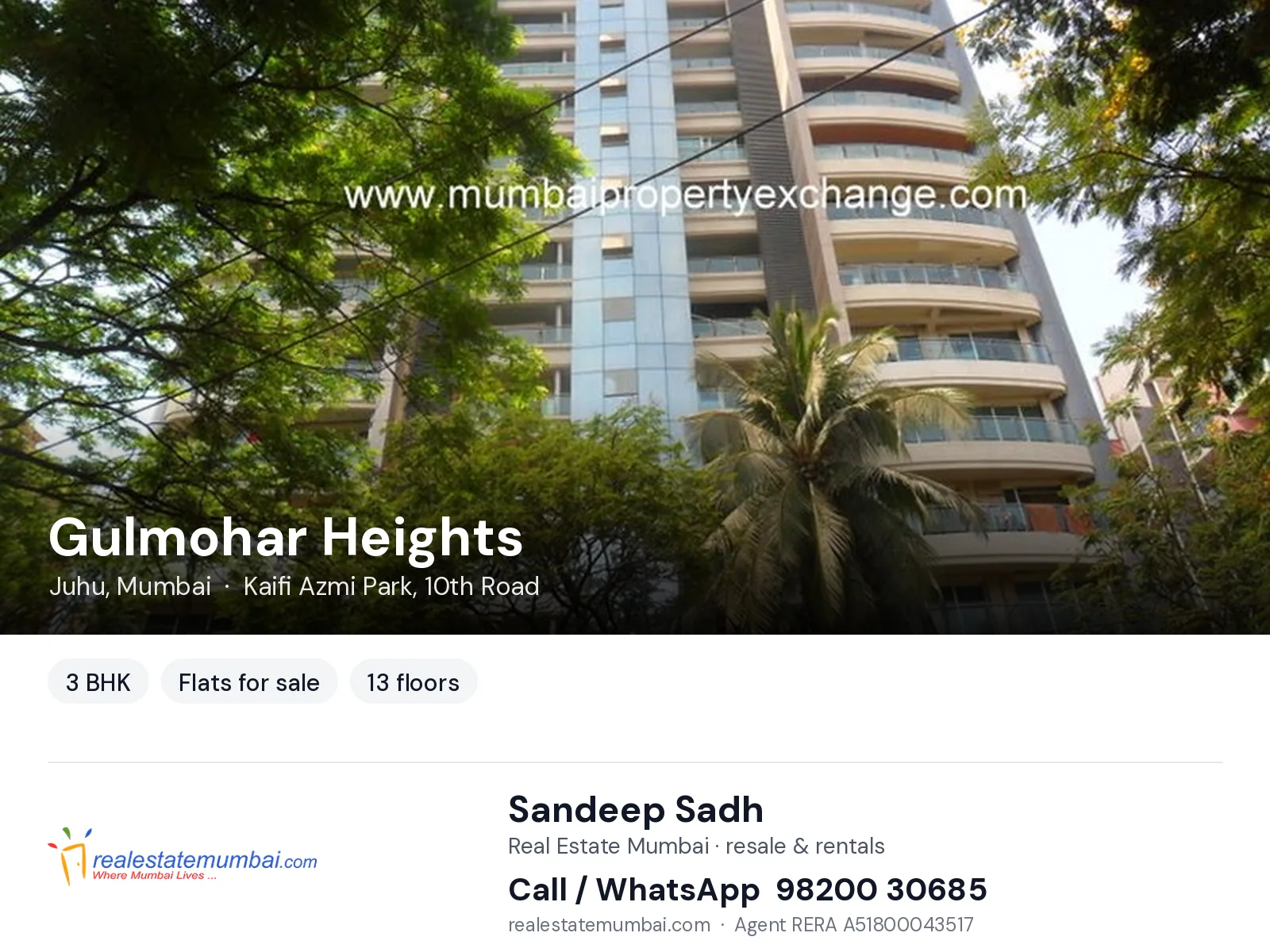 Gulmohar Heights, Juhu, Mumbai — 3 BHK flats for sale | Real Estate Mumbai, Sandeep Sadh 98200 30685